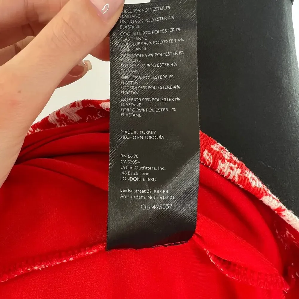 Anthropologie Red White Print Long Sleeve Puff Shoulder Sweetheart Neckline Sz M